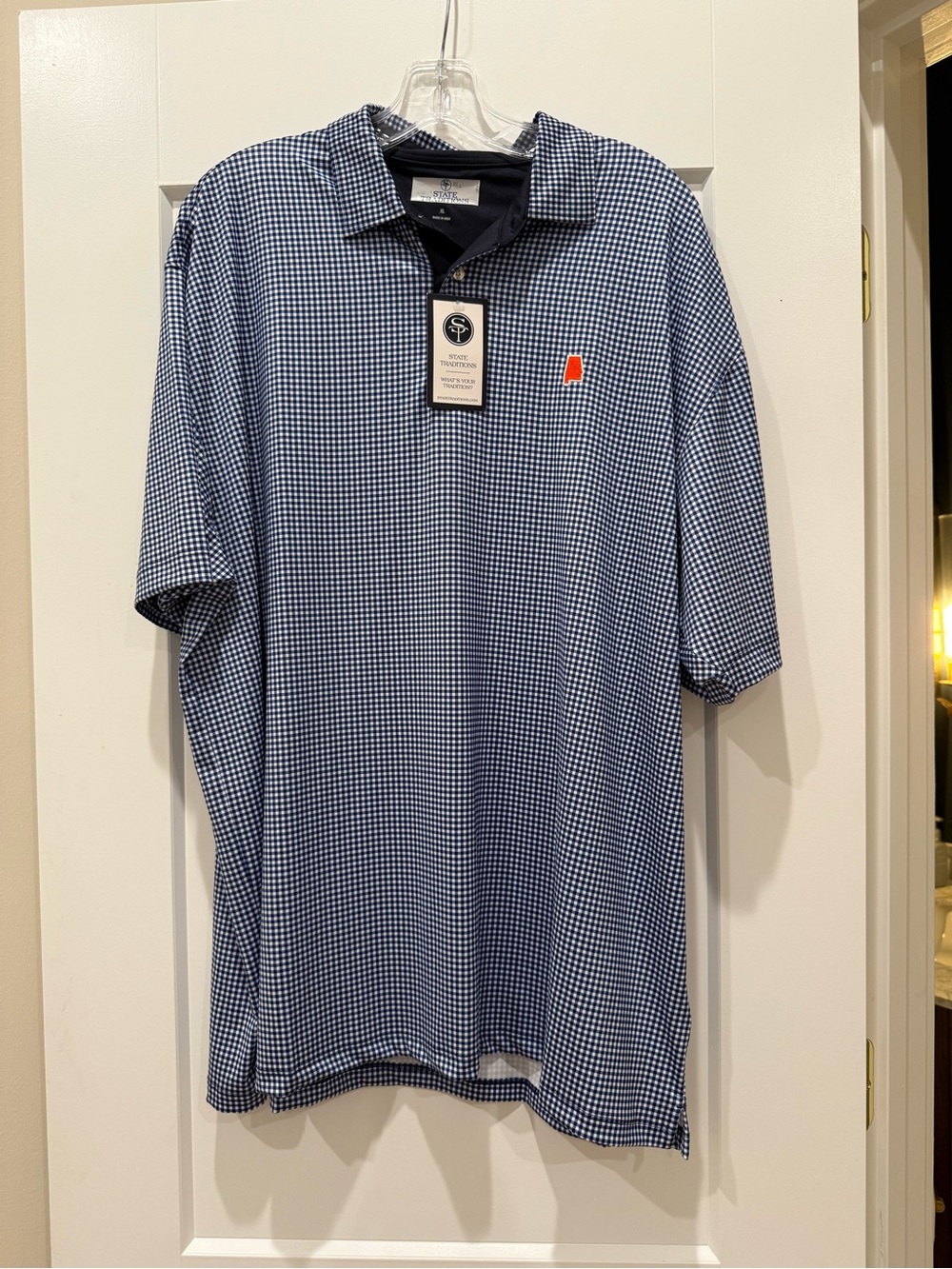 STATE TRADITIONS Navy Gingham Polo with Orange Chest Emblem NWT